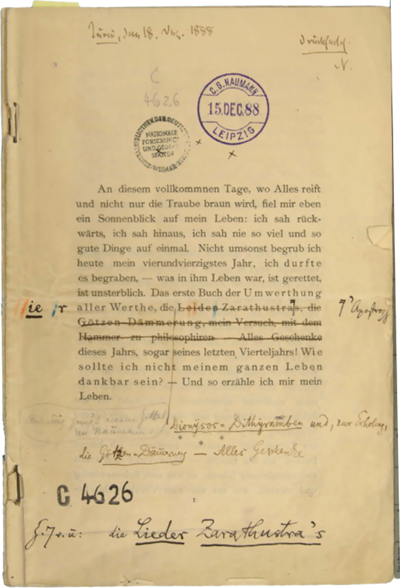 Первая страница корректуры Ecce Homo. Источник: Digitale Faksimile Gesamtausgabe K-14, 1.